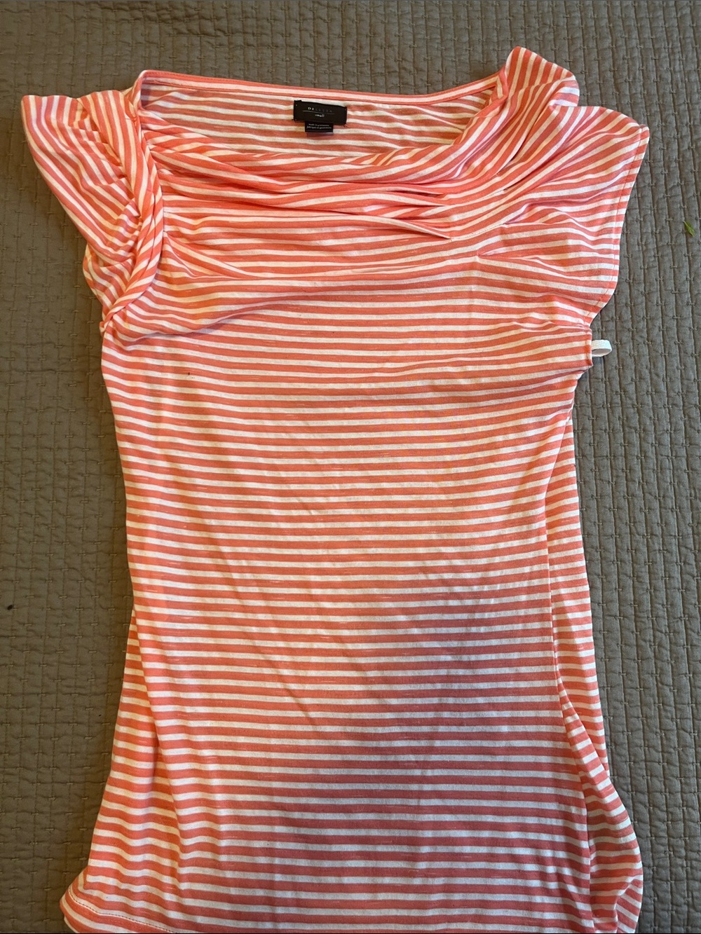 Deletta Coral & White Cap-Sleeve Draped Cowl neck Women’s Top